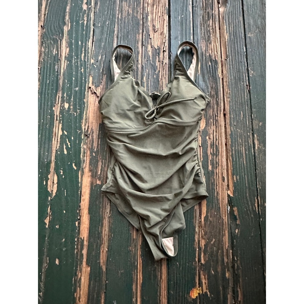 Merona Olive Green Ruched Scalloped One Piece Swimsuit Womens Small Tie Front